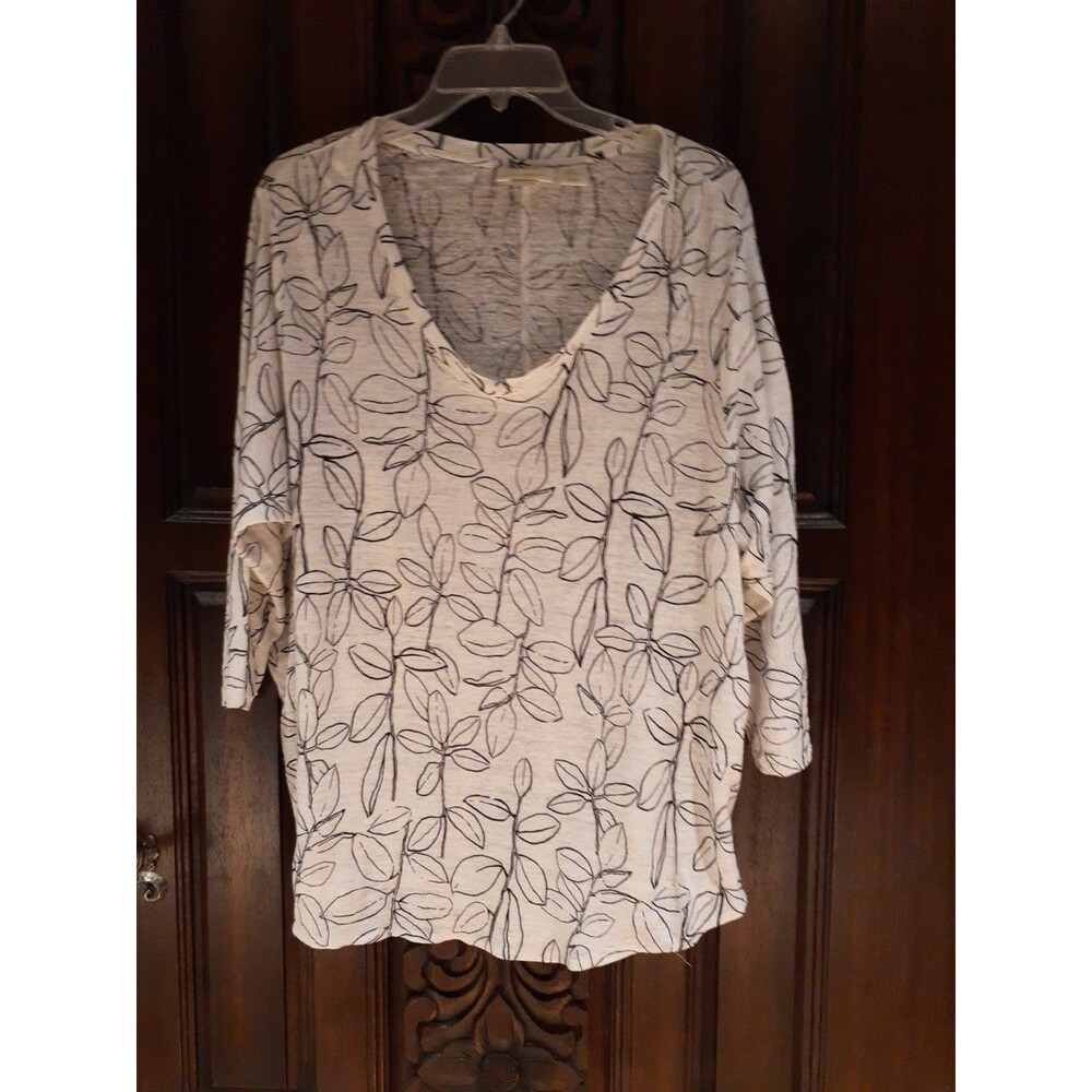 Cynthia Rowley Womens 2x 100% Linen Floral Leaf Print  Scoop V Neck Top Coastal